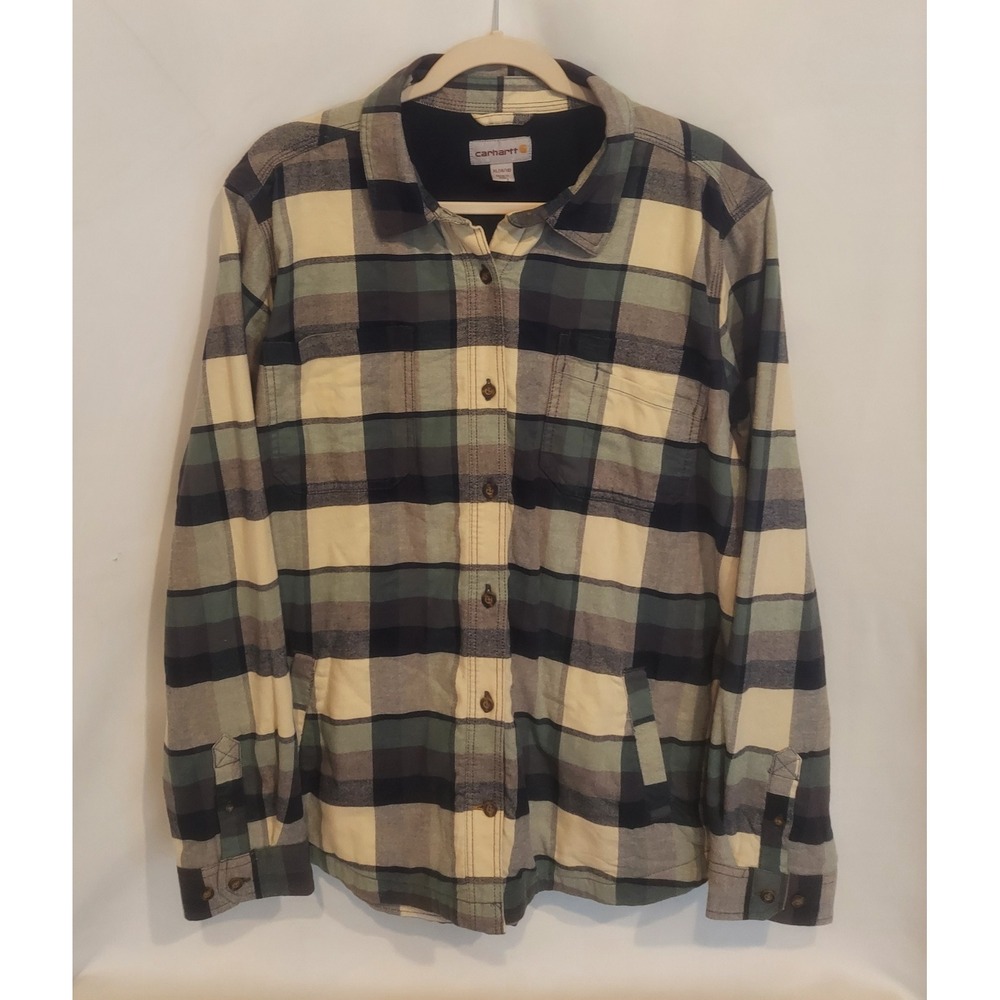 Carhartt Womens Rugged Flex Navy Teal Fleece Lined Flannel Shirt Jacket Size XL